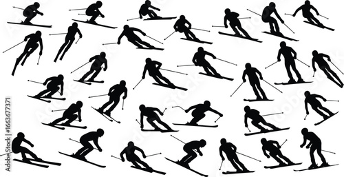 Silhouettes of Skiers in Action, Downhill and Slalom Skiing Poses, Winter Sport Motion, Snow Adventure, Alpine Speed Techniques