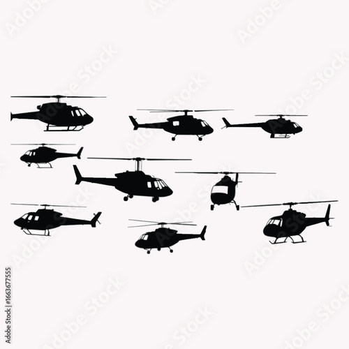 Collection of silhouette helicopters in various poses against a white background for aviation concepts