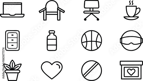 A clean and modern icon set featuring a collection of everyday objects and activities for graphic design and web applications, presented in a minimalist line art style
