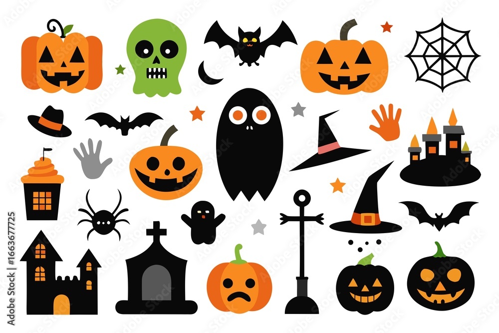 Fototapeta premium Assortment of halloween elements like pumpkins, ghosts, bats, skulls, witches hats, haunted houses, and spiders, isolated on white background