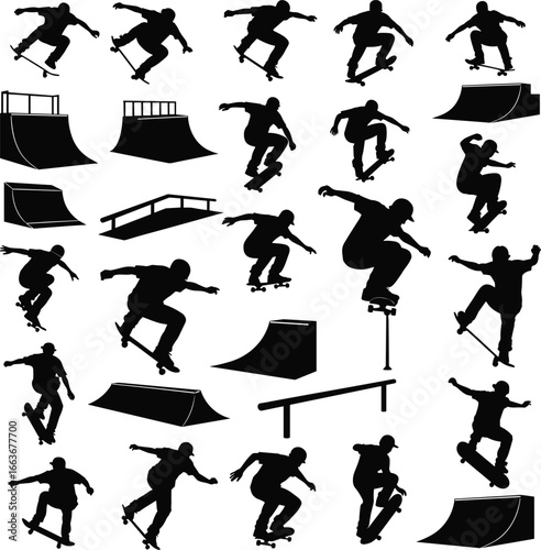 Skateboarding Silhouettes – Skate Tricks, Halfpipe, Ramp Riding, Ollie, Grinding, Street Skateboard Stunts, Extreme Sports Vector Clipart Set