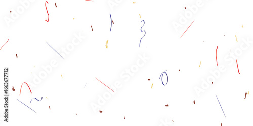 A festive and celebratory abstract background with a multitude of scattered confetti and streamers in red, blue, and gold, creating a playful, dynamic pattern on a clean white background.