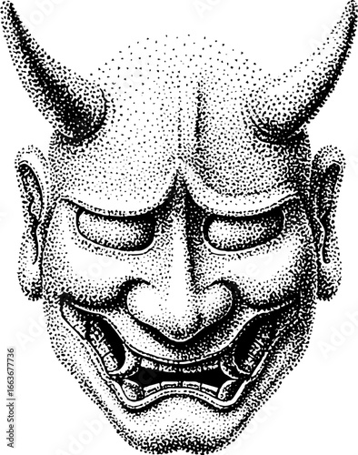 Intricate stipple art of traditional japanese hannya mask featuring dotwork technique
