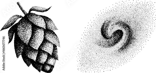 Stippling dotwork art of hops cone and morphing pattern for design projects