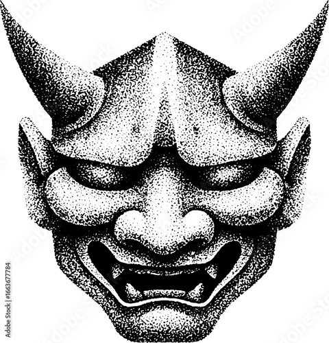 Stippling dotwork illustration of japanese hannya mask for design and decor