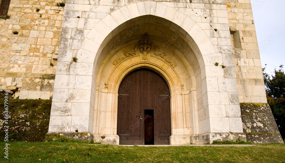 Fototapeta premium Ancient Stone Archway Entrance to Historic Building with Large Wooden Door.