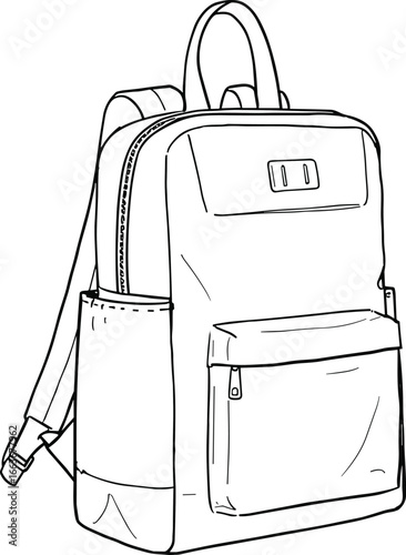 CAD drawing flat vector illustration, backpack design, ergonomic straps, zipper pocket, technical layout, travel gear, school accessory, front view, black outline, editable artwork