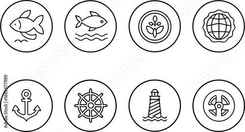 Set of circular line icons featuring marine and nautical symbols, including fish, anchor, ship's wheel, lighthouse, and globe, ideal for representing maritime themes, fishing, and travel