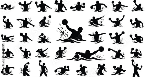Water Polo Silhouettes, Water Polo Player Action, Water Ball Sport Silhouettes, Water Polo Throwing, Water Sports Silhouettes