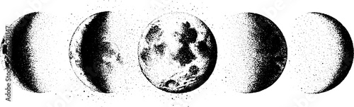 Phases of the moon in stippling dotwork art for vintage design