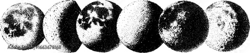 Stippling dotwork illustration of moon phases with halftone and vintage effect