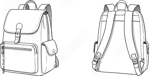 CAD drawing flat vector illustration, backpack design, front and back view, buckle straps, zipper pockets, mesh padding, school gear, travel bag, black outline, editable artwork
