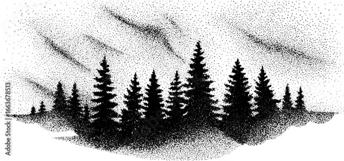 Stippling dotwork art of northern lights featuring forest silhouette for prints and decor