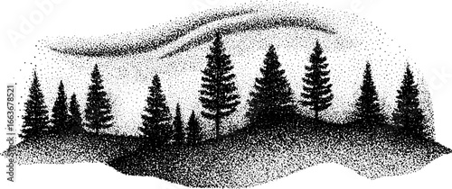 Northern lights stipple artwork featuring forest silhouette for print design