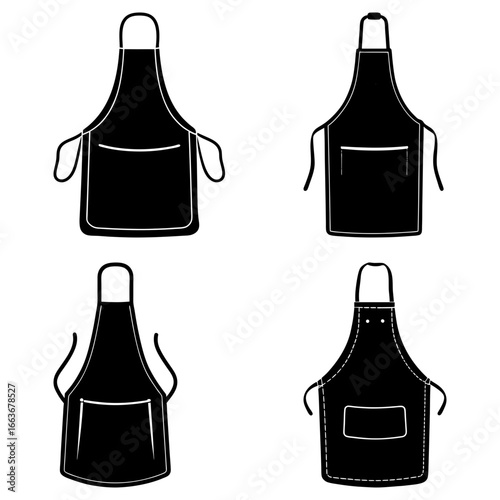 Four black aprons with different styles and pocket designs displayed on a white background neatly arranged