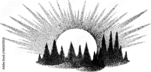 Northern lights stipple dotwork illustration with pine trees and radiant sky