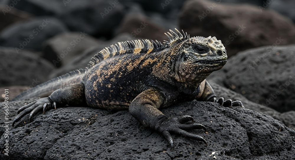 Fototapeta premium Galapagos Marine Iguana Majestic Reptile on Volcanic Rock Striking CloseUp.