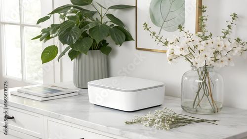 Modern white router unit on a marble dresser with plants and flowers