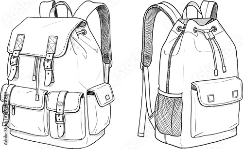 CAD drawing flat vector illustration, backpack design, quilted flap, buckle closure, side mesh pocket, travel gear, school accessory, front view, black outline, editable artwork