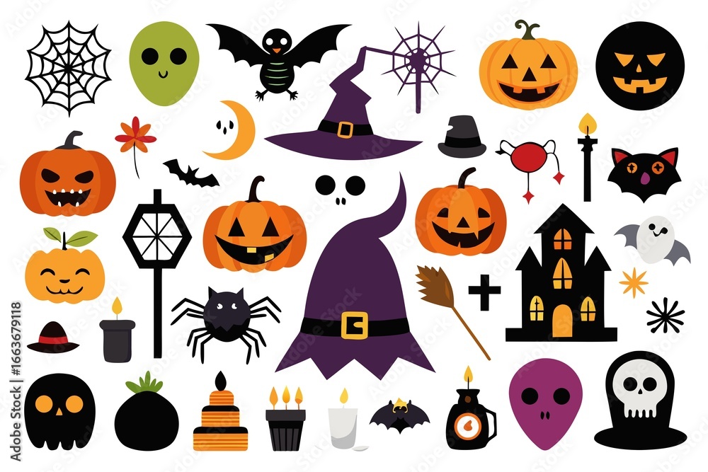 Fototapeta premium Collection of halloween icons and illustrations including pumpkins, ghosts, bats, witches, spiders, and haunted houses on a white background