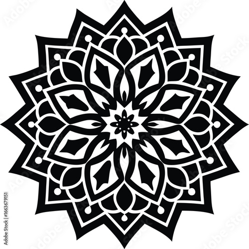 Sophisticated floral mandala design featuring symmetrical patterns, geometric shapes, and decorative elements for artistic and spiritual uses