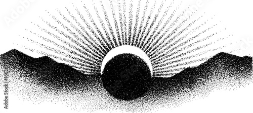 Stippling dotwork art of radiating sun over mountains