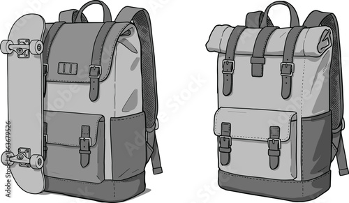 CAD drawing flat vector illustration, backpack design, skateboard attachment, travel gear, school accessory, urban style, functional layout, front view, black outline, editable artwork