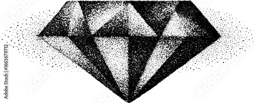 Stippling illustration of shattered geometric diamond with halftone and dotwork effect