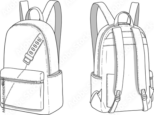 CAD drawing flat vector illustration, backpack sketch, front and back view, travel gear, school accessory, zipper compartments, adjustable straps, black outline, editable design, minimal style