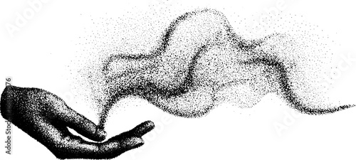 Mystical hand releasing ethereal mist in stippling dotwork art for vintage design