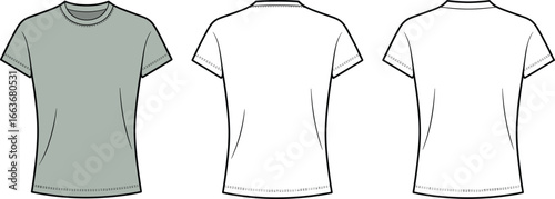 CAD drawing flat vector illustration, basic t-shirt template, fashion sketch, front and back view, garment design, apparel art, clothing mockup