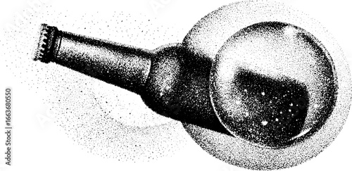 Surreal stipple art of beer bottle and glass in halftone style