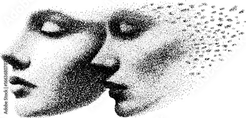 Surreal double face stipple art with dotwork halftone effect