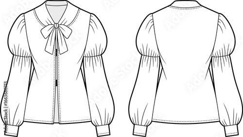 CAD drawing flat vector illustration, blouse design front and back, puff sleeves, bow tie detail, sewing pattern, fashion sketch, garment template