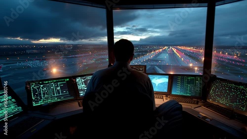In the control tower, an air traffic controller monitors the glowing runways as planes prepare for landing. The atmospheric evening sky adds a dramatic backdrop to the scene.