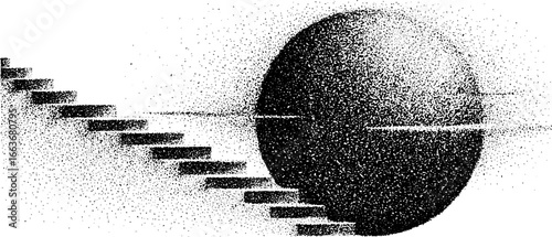 Surreal floating sphere with stairs in stipple dotwork style - vintage abstract design for artistic projects
