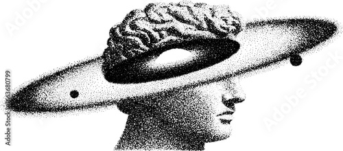 Surreal galaxy and human connection: stipple art of brain and planetary rings