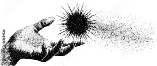 Surreal stippling art of hand holding radiant sphere for creative design