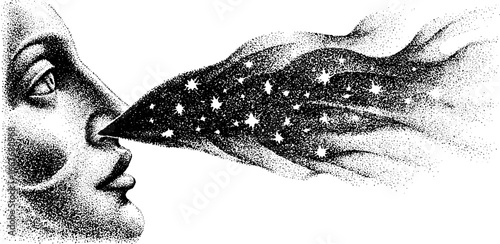 Surreal head with cosmic elements in stippling dotwork for creative design