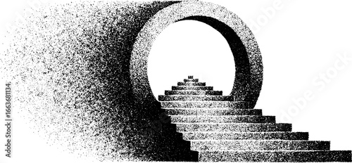 Surreal portal with stairs in dotwork stippling style for unique artistic design