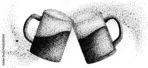 Stippling dotwork art of two clinking beer mugs for festive celebrations and decor