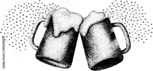 Stippling dotwork illustration of two clinking beer mugs for celebration design