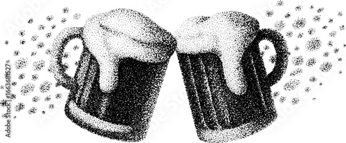 Stippling dotwork illustration of two clinking beer mugs with vintage halftone effect