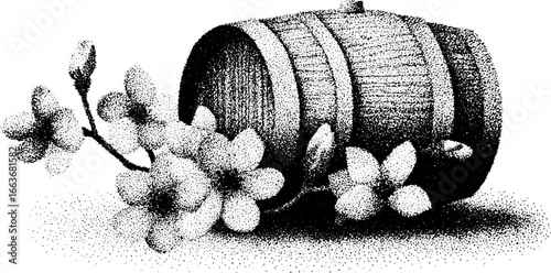 Vintage beer barrel with floral accents in stipple technique for artistic decor