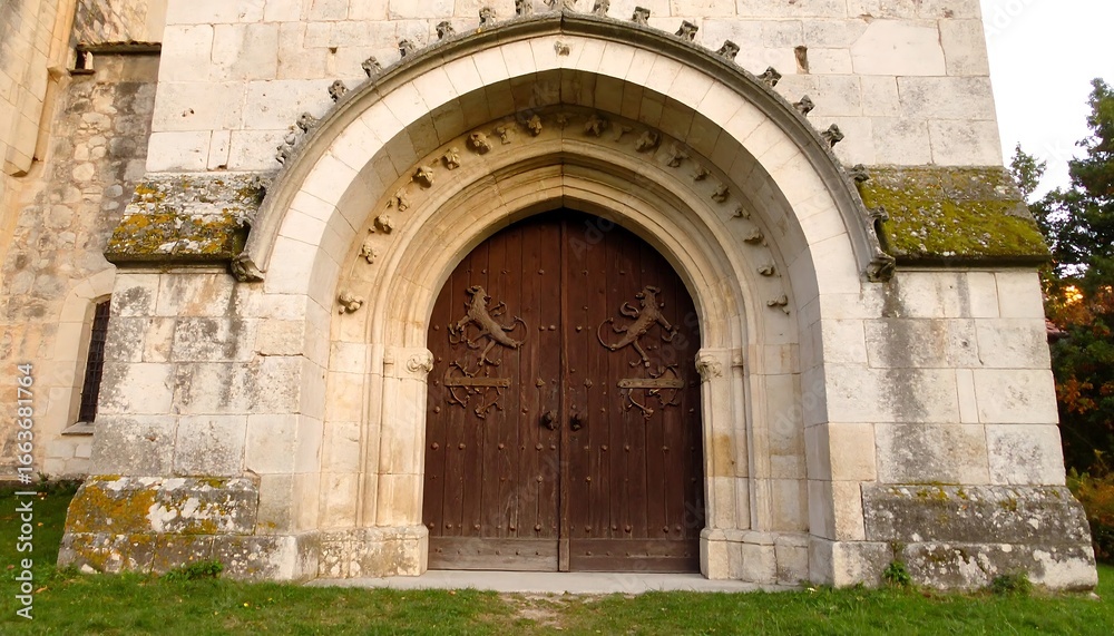 Fototapeta premium Ancient Stone Church Entrance with Large Wooden Double Doors and Arched Facade.