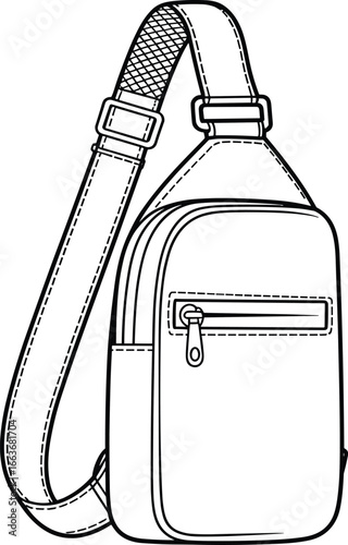CAD drawing flat vector illustration, crossbody backpack design, adjustable strap, zipper pocket, ergonomic silhouette, fashion accessory, travel gear, school item, black outline, editable sketch