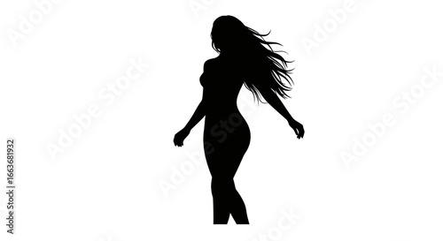 Elegant Woman with Flowing Hair a Striking Black Silhouette Against a White Background Capturing Beauty and Grace in a Minimalist