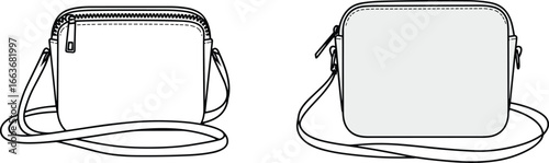 CAD drawing flat vector illustration, crossbody bag design, adjustable strap, zipper pocket, fashion accessory, minimalist style, front view, black outline, editable artwork