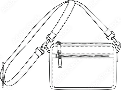 CAD drawing flat vector illustration, crossbody bag design, adjustable strap, zipper pocket, fashion accessory, unisex gear, front view, black outline, editable sketch