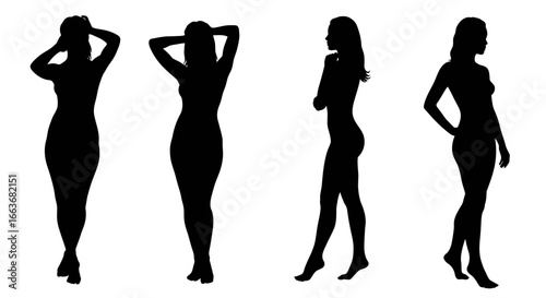 Two Elegant Women Posing in Black Silhouette Style on a White Background Depicting Beauty and Confidence silhouette